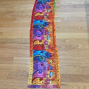 Vintage Signed Laura Burch Vibrant Cats Design Oblong Scarf 11” x 53”
